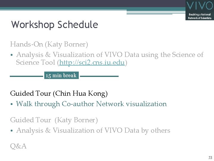 Workshop Schedule Hands-On (Katy Borner) • Analysis & Visualization of VIVO Data using the