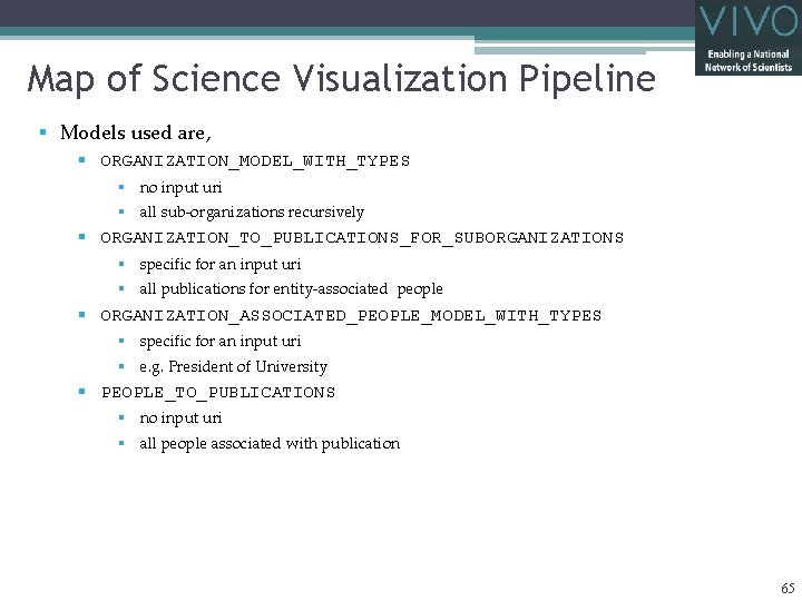 Map of Science Visualization Pipeline § Models used are, § ORGANIZATION_MODEL_WITH_TYPES § no input