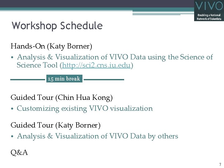 Workshop Schedule Hands-On (Katy Borner) • Analysis & Visualization of VIVO Data using the