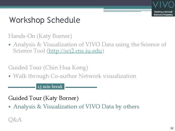Workshop Schedule Hands-On (Katy Borner) • Analysis & Visualization of VIVO Data using the