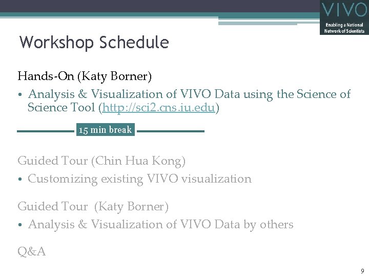 Workshop Schedule Hands-On (Katy Borner) • Analysis & Visualization of VIVO Data using the