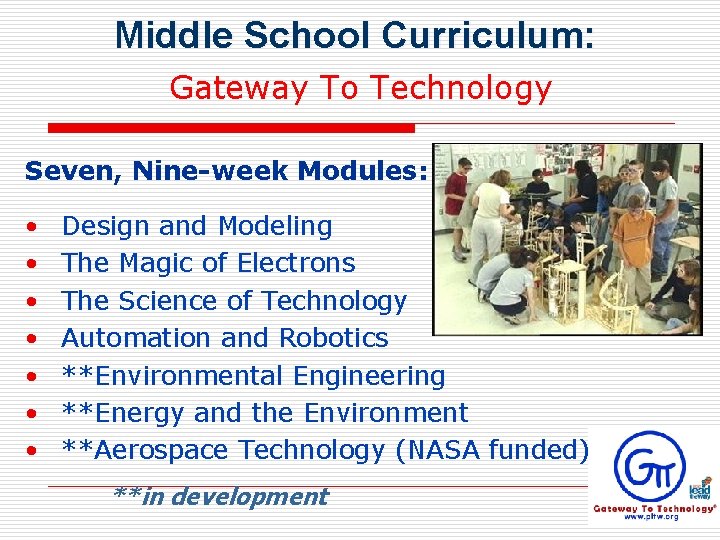 Middle School Curriculum: Gateway To Technology Seven, Nine-week Modules: • • Design and Modeling