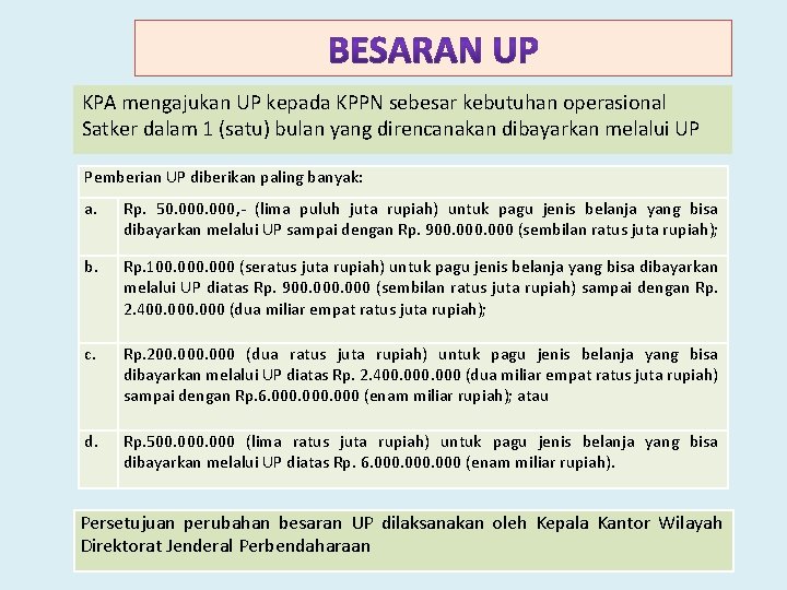 KPA mengajukan UP kepada KPPN sebesar kebutuhan operasional Satker dalam 1 (satu) bulan yang
