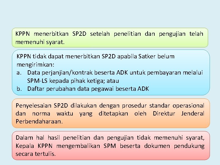 KPPN menerbitkan SP 2 D setelah penelitian dan pengujian telah memenuhi syarat. KPPN tidak