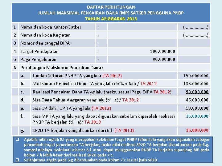 DAFTAR PERHITUNGAN JUMLAH MAKSIMAL PENCAIRAN DANA (MP) SATKER PENGGUNA PNBP TAHUN ANGGARAN 2013 1