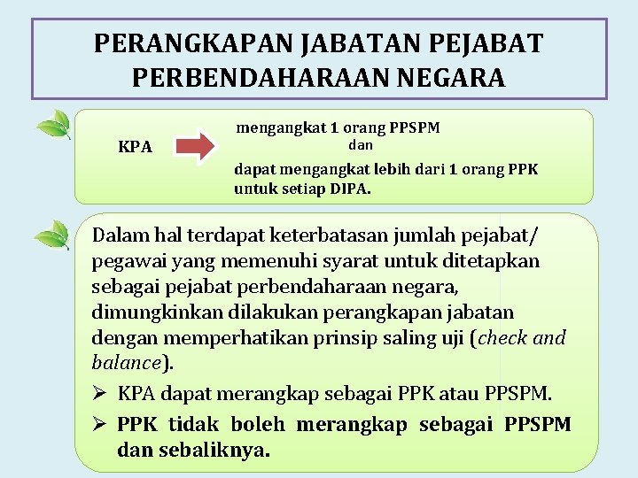 PERANGKAPAN JABATAN PEJABAT PERBENDAHARAAN NEGARA KPA mengangkat 1 orang PPSPM dan dapat mengangkat lebih