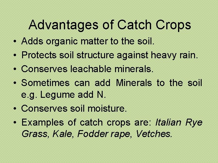 Advantages of Catch Crops • • Adds organic matter to the soil. Protects soil Advantages of Catch Crops • • Adds organic matter to the soil. Protects soil