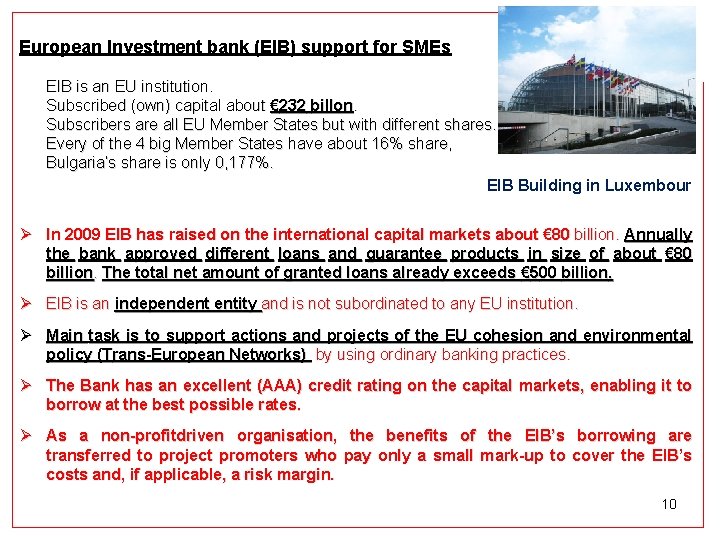 European Investment bank (EIB) support for SMEs EIB is an EU institution. Subscribed (own) European Investment bank (EIB) support for SMEs EIB is an EU institution. Subscribed (own)