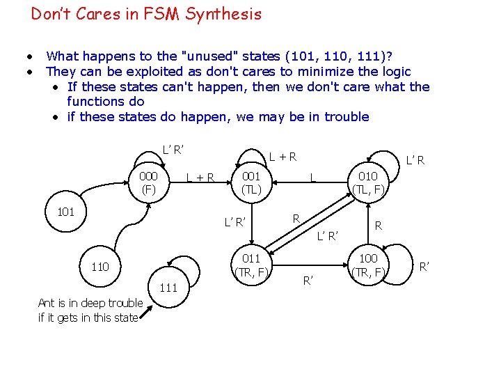 Don’t Cares in FSM Synthesis • What happens to the "unused" states (101, 110,