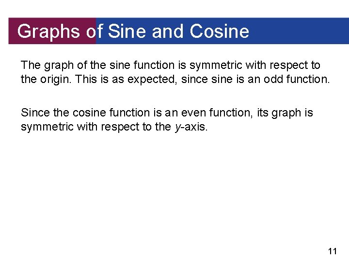 Graphs of Sine and Cosine The graph of the sine function is symmetric with