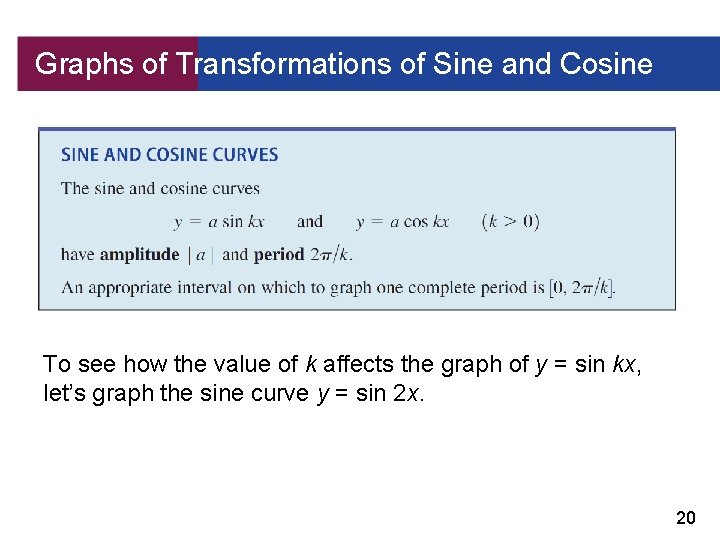 Graphs of Transformations of Sine and Cosine To see how the value of k