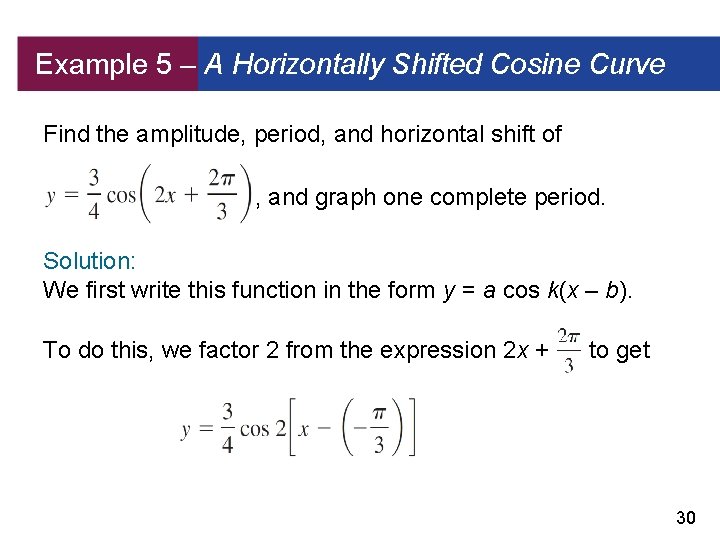 Example 5 – A Horizontally Shifted Cosine Curve Find the amplitude, period, and horizontal