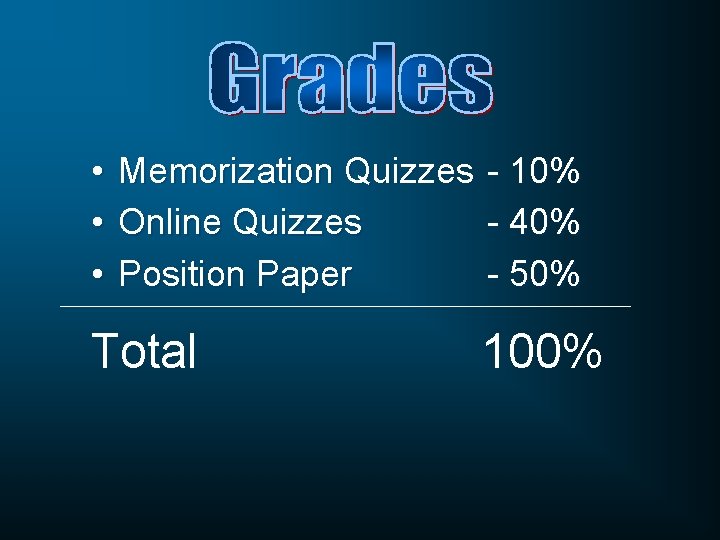  • • • Memorization Quizzes Online Quizzes Position Paper Total - 10% -