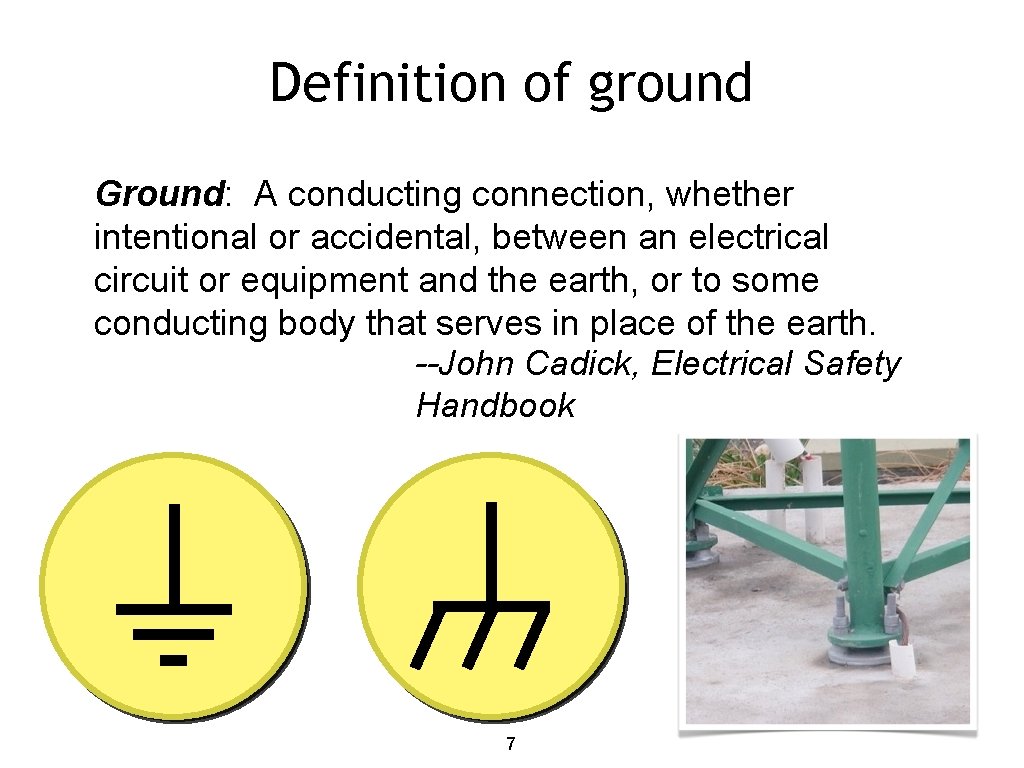 Definition of ground Ground: A conducting connection, whether intentional or accidental, between an electrical