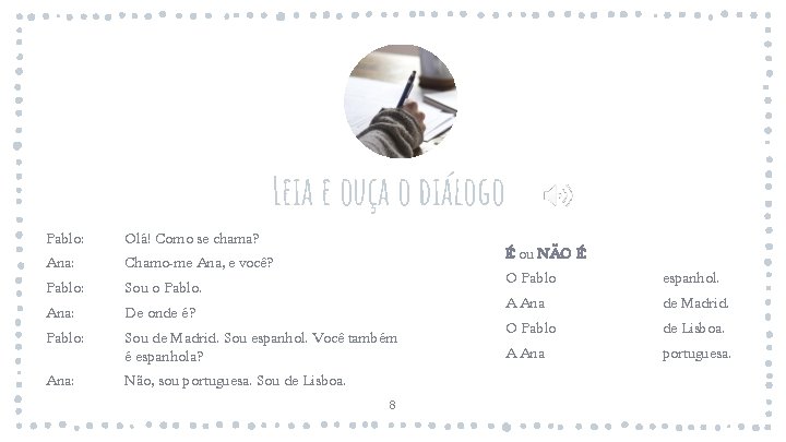 Leia e ouça o diálogo Pablo: Olá! Como se chama? Ana: Chamo-me Ana, e Leia e ouça o diálogo Pablo: Olá! Como se chama? Ana: Chamo-me Ana, e