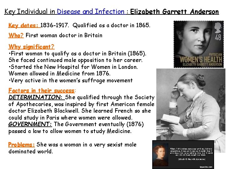 Key Individual in Disease and Infection : Elizabeth Garrett Anderson Key dates: 1836 -1917.
