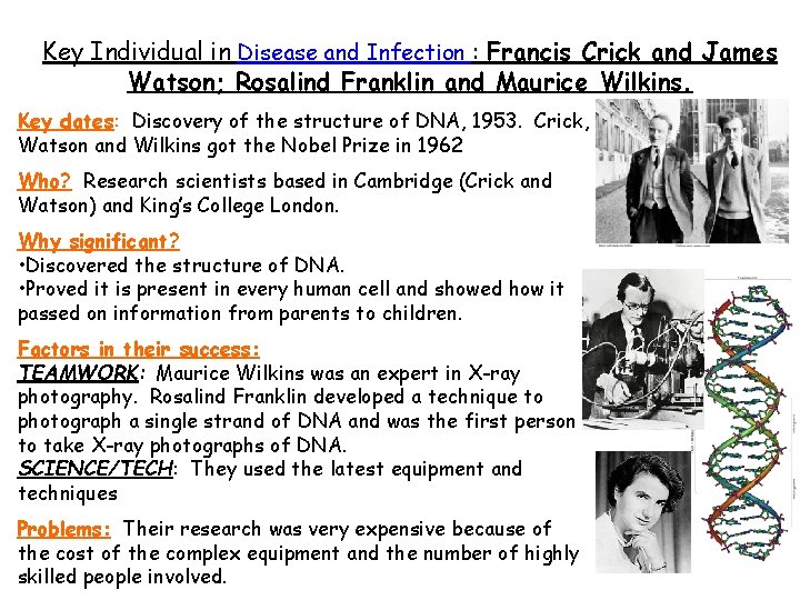 Key Individual in Disease and Infection : Francis Crick and James Watson; Rosalind Franklin