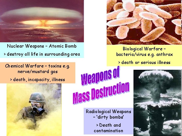 Nuclear Weapons – Atomic Bomb > destroy all life in surrounding area Chemical Warfare
