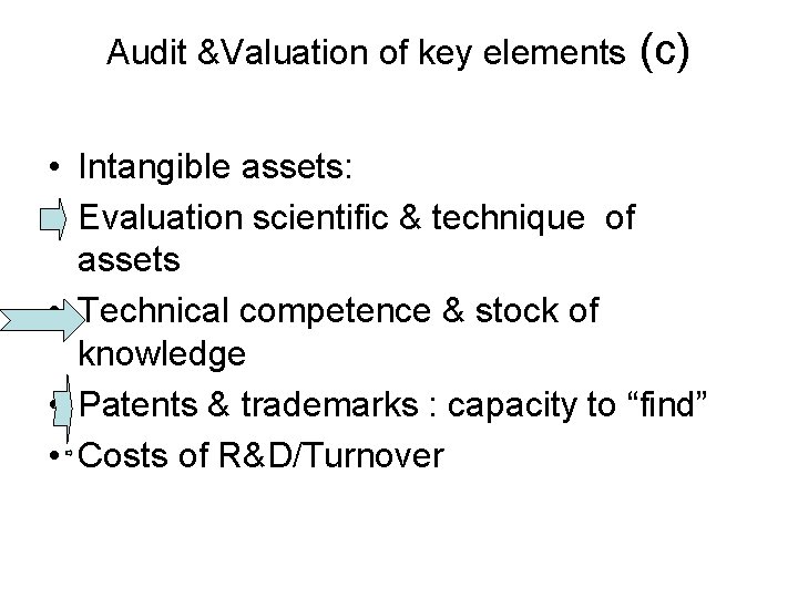 Audit &Valuation of key elements (c) • Intangible assets: • Evaluation scientific & technique