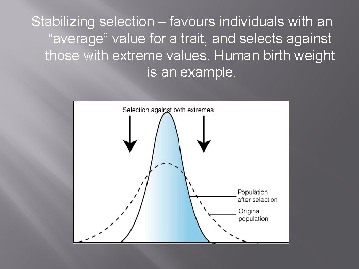 Stabilizing selection – favours individuals with an “average” value for a trait, and selects
