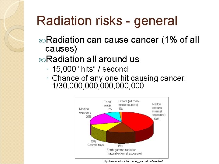 Radiation risks - general Radiation cause cancer (1% of all causes) Radiation all around