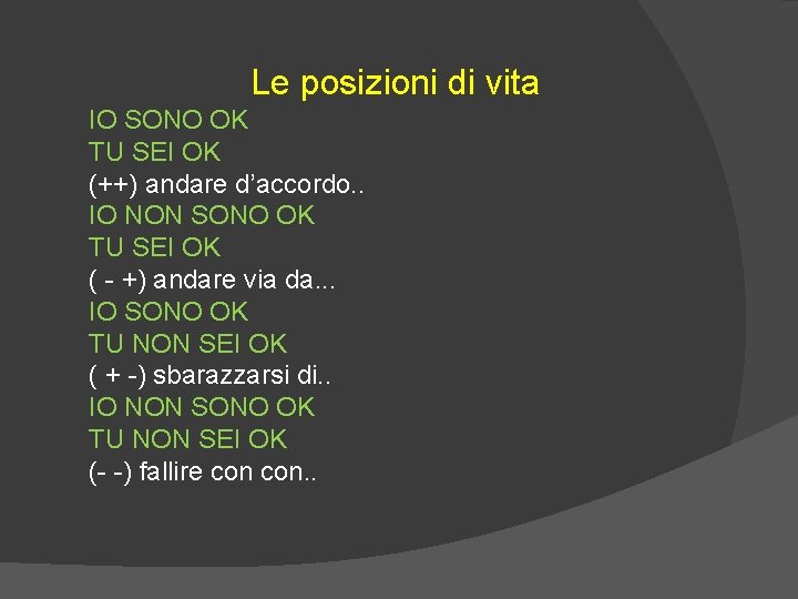 Le posizioni di vita IO SONO OK TU SEI OK (++) andare d’accordo. .