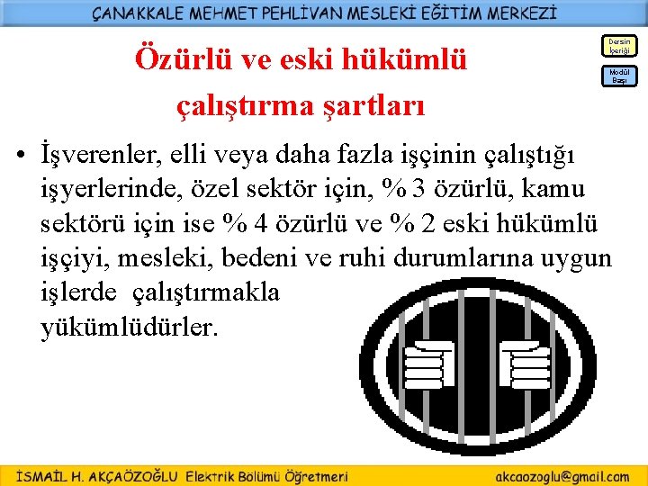 Özürlü ve eski hükümlü çalıştırma şartları Dersin İçeriği Modül Başı • İşverenler, elli veya