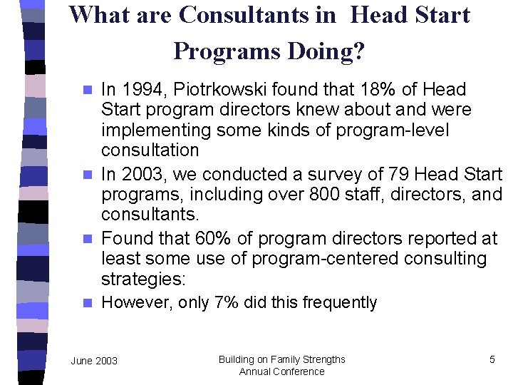 What are Consultants in Head Start Programs Doing? In 1994, Piotrkowski found that 18%