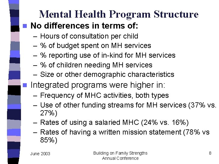 Mental Health Program Structure n No differences in terms of: – – – n