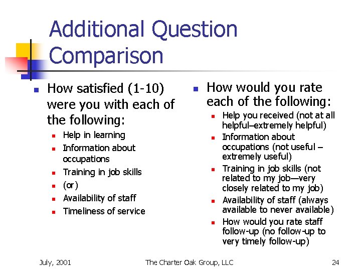 Additional Question Comparison n How satisfied (1 -10) were you with each of the