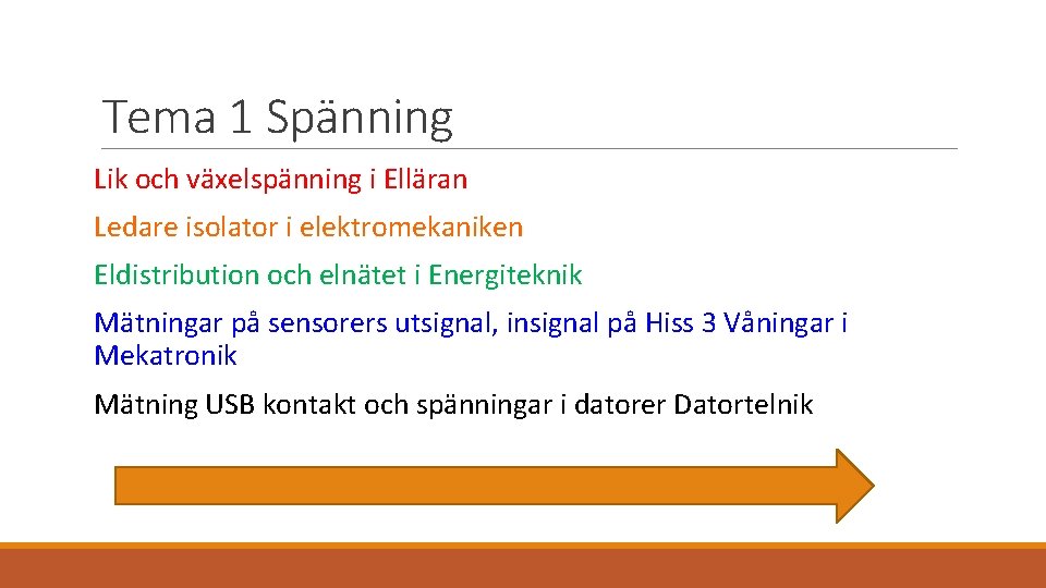 Tema 1 Spänning Lik och växelspänning i Elläran Ledare isolator i elektromekaniken Eldistribution och