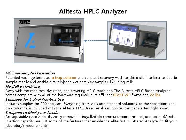 Alltesta HPLC Analyzer Minimal Sample Preparation. Patented wash system uses a trap column and