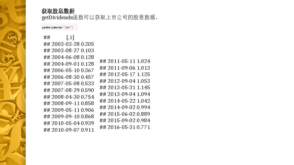 获取股息数据 get. Dividends函数可以获取上市公司的股息数据。 ## [, 1] ## 2003 -03 -28 0. 205 ## 2003