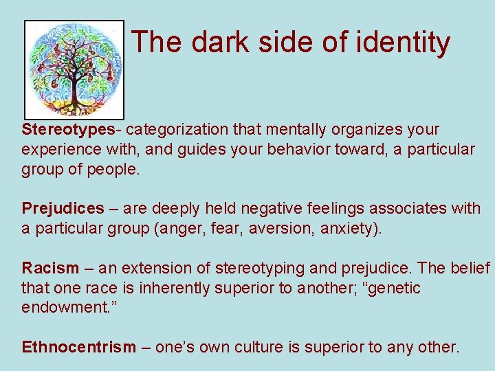 The dark side of identity Stereotypes- categorization that mentally organizes your experience with, and
