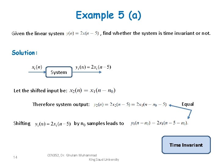 Example 5 (a) , find whether the system is time invariant or not. Given