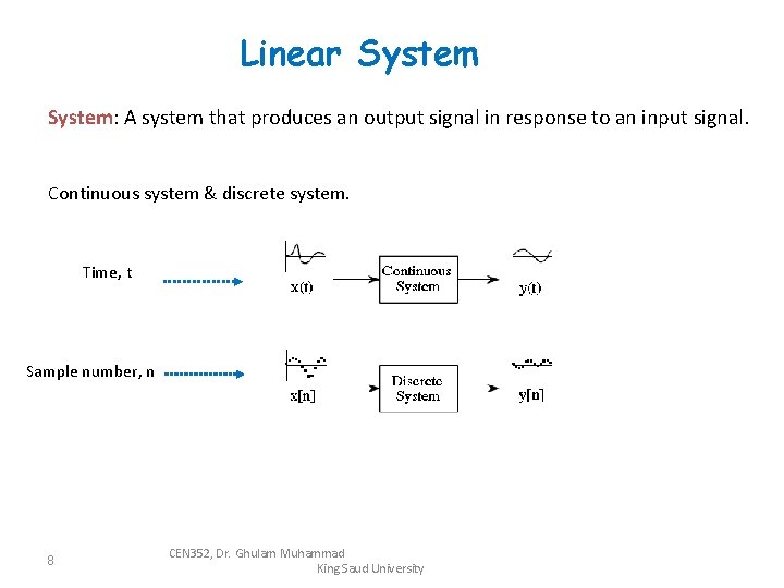 Linear System: A system that produces an output signal in response to an input