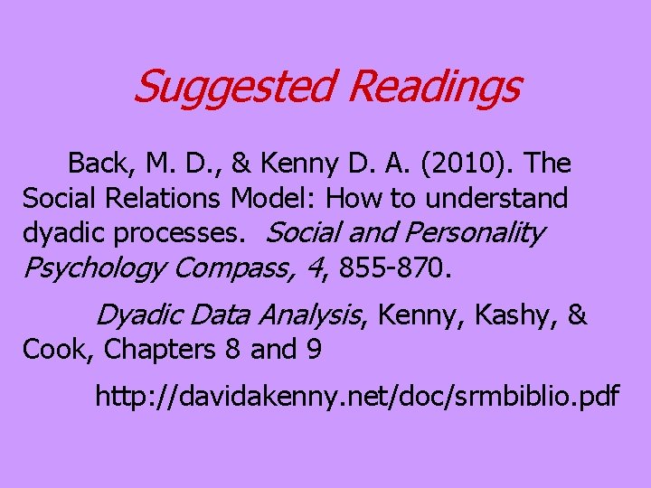 Suggested Readings Back, M. D. , & Kenny D. A. (2010). The Social Relations Suggested Readings Back, M. D. , & Kenny D. A. (2010). The Social Relations
