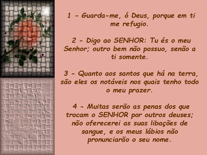 1 - Guarda-me, ó Deus, porque em ti me refugio. 2 - Digo ao