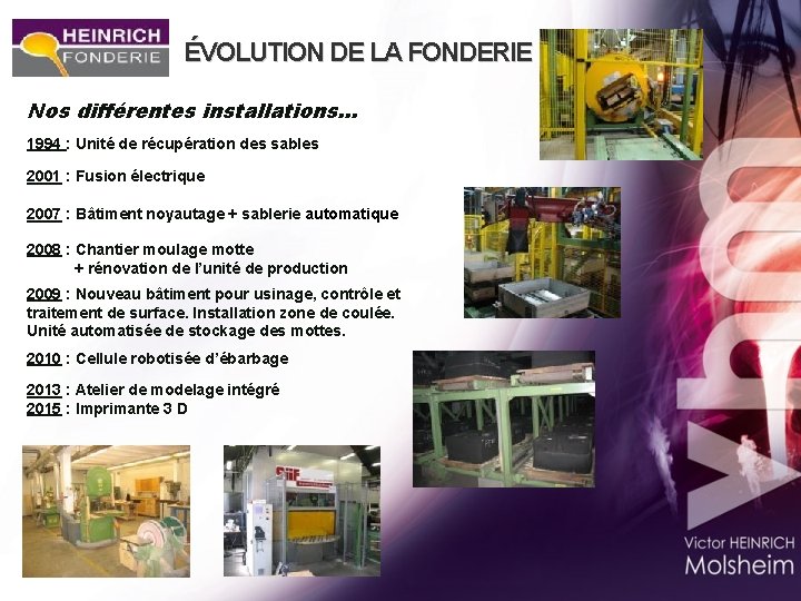 ÉVOLUTION DE LA FONDERIE Nos différentes installations… 1994 : Unité de récupération des sables