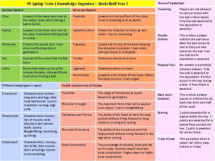 PE Spring Term 1 Knowledge Organiser – Basketball Year 7 Skeletal System Muscular System PE Spring Term 1 Knowledge Organiser – Basketball Year 7 Skeletal System Muscular System