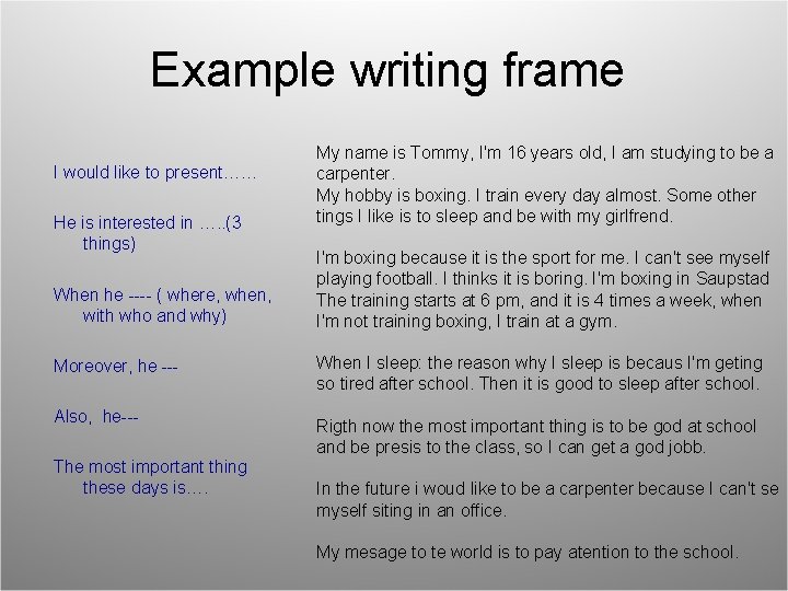 Example writing frame I would like to present…… He is interested in …. .