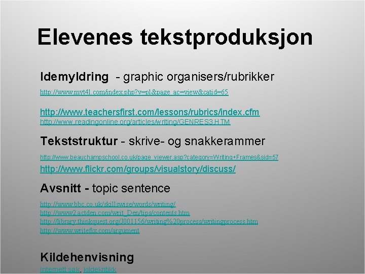 Elevenes tekstproduksjon Idemyldring - graphic organisers/rubrikker http: //www. myt 4 l. com/index. php? v=pl&page_ac=view&catid=65