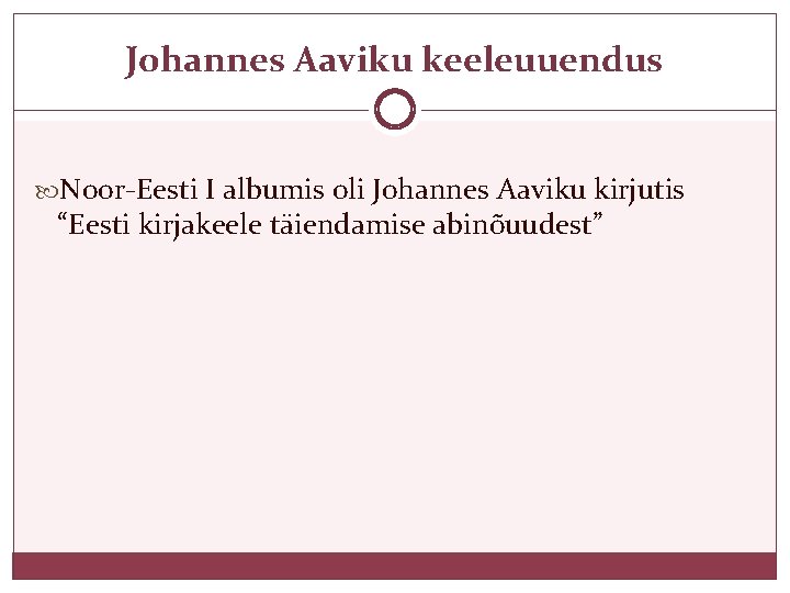 Johannes Aaviku keeleuuendus Noor-Eesti I albumis oli Johannes Aaviku kirjutis “Eesti kirjakeele täiendamise abinõuudest”