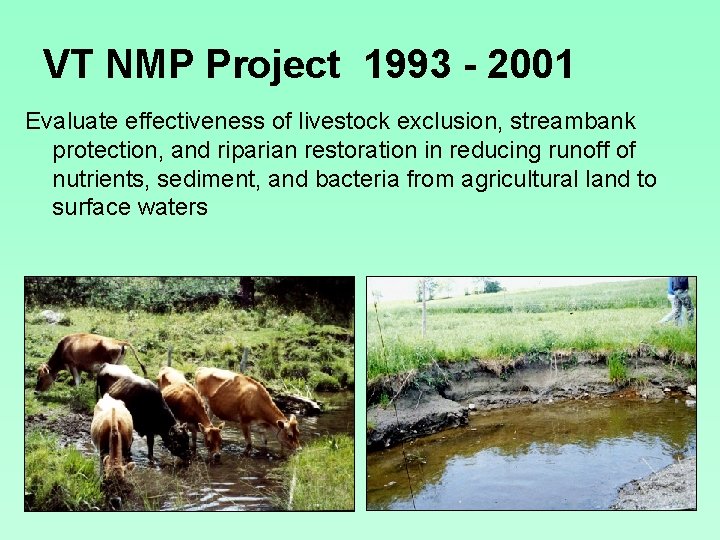 VT NMP Project 1993 - 2001 Evaluate effectiveness of livestock exclusion, streambank protection, and