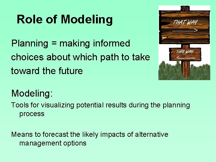 Role of Modeling Planning = making informed choices about which path to take toward