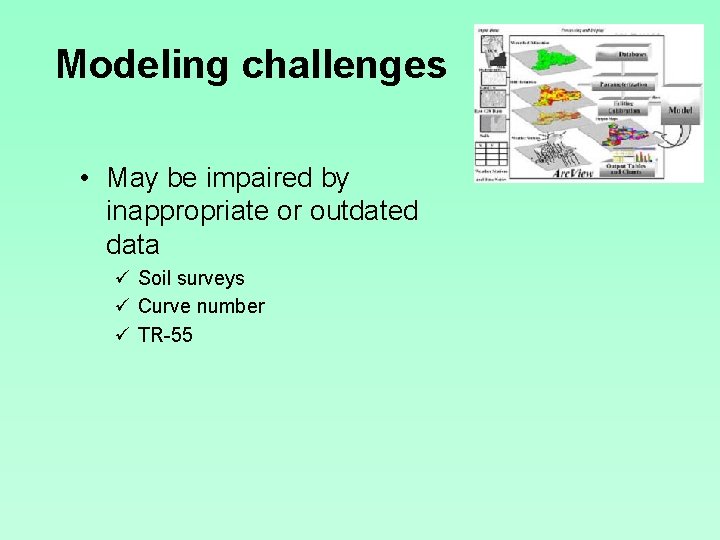Modeling challenges • May be impaired by inappropriate or outdated data ü Soil surveys