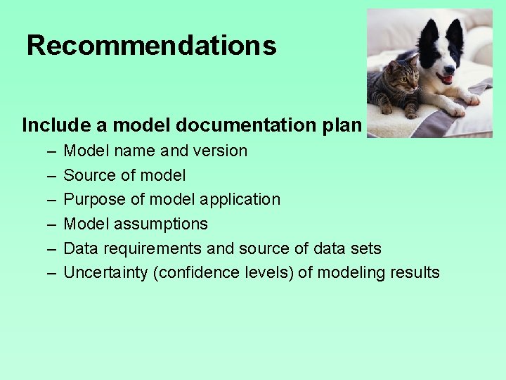 Recommendations Include a model documentation plan – – – Model name and version Source