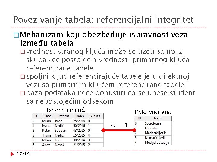 Povezivanje tabela: referencijalni integritet � Mehanizam koji obezbeđuje ispravnost veza između tabela � vrednost