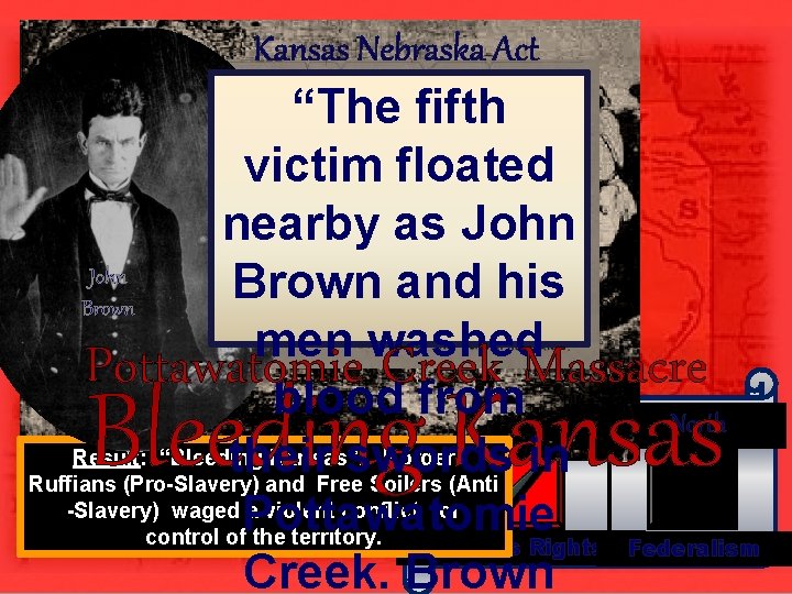 Kansas Nebraska Act “The fifth victim. Border floated Ruffians nearby (Pro as-Slavery) John Brown