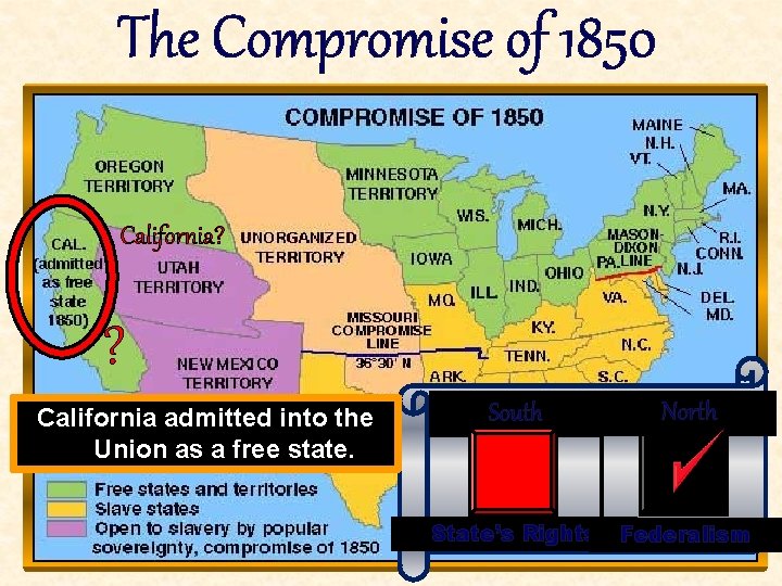 The Compromise of 1850 California? ? California admitted into the Union as a free